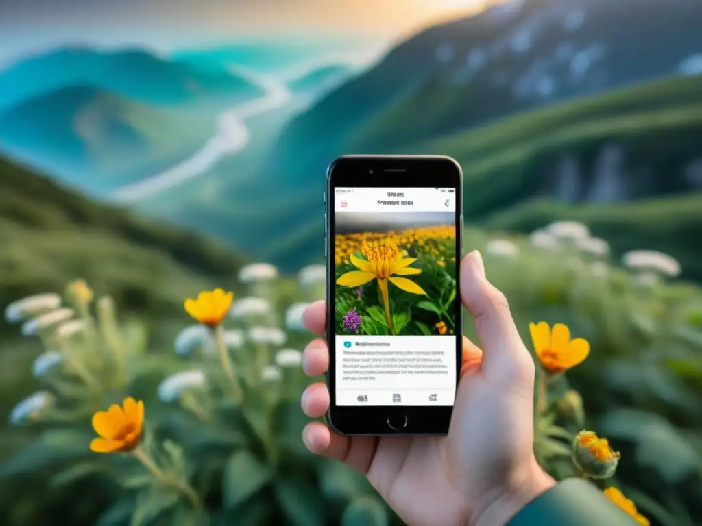 Explorando la naturaleza: app de identificación de flora y fauna Mano de excursionista usando app de identificación de flora y fauna en la naturaleza