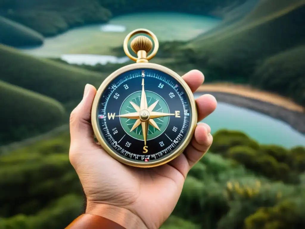 Brújula antigua en mano de excursionista: contraste en Uruguay La mano de un excursionista sostiene una brújula tradicional frente a un mapa de Uruguay