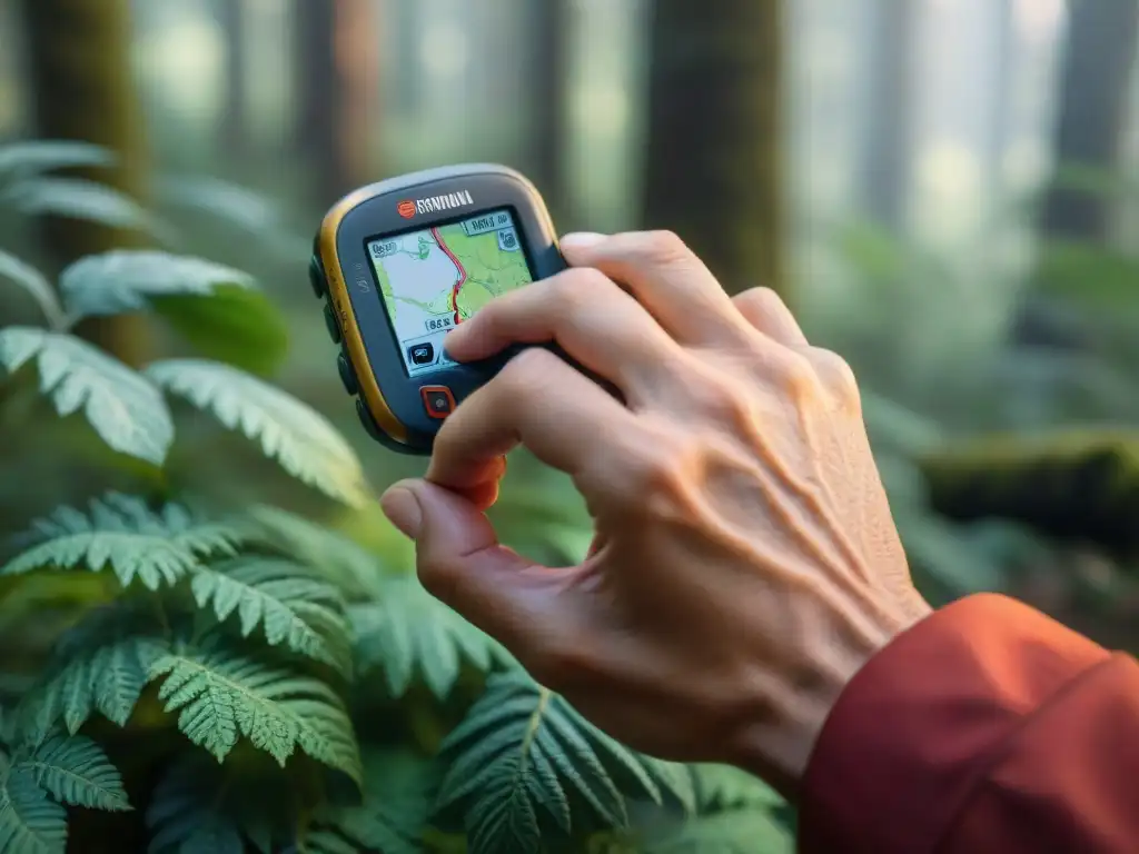 Explorador experimentado traza ruta en GPS entre bosque Mano de un excursionista experto presionando botón en GPS con funciones ocultas para campistas