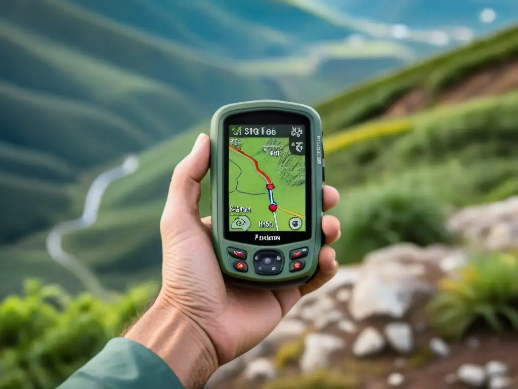 Explorador en Uruguay: Detalles de GPS en mano en terreno montañoso Mano de excursionista sosteniendo GPS de mano, mapa detallado de terreno en Uruguay