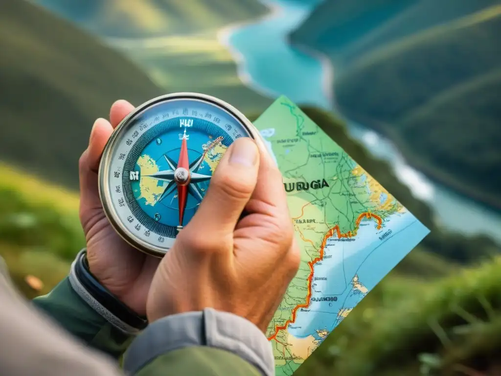 Explorando Uruguay: Detalles de un mapa topográfico con brújula vintage Mano de excursionista sostiene mapa topográfico de Uruguay con brújula vintage