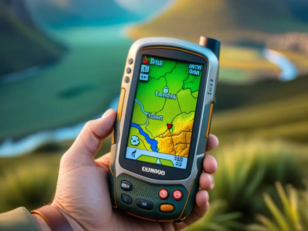 Experto en camping: Navegación con GPS en terreno uruguayo Una mano experimentada sostiene un GPS con mapa topográfico de Uruguay para camping