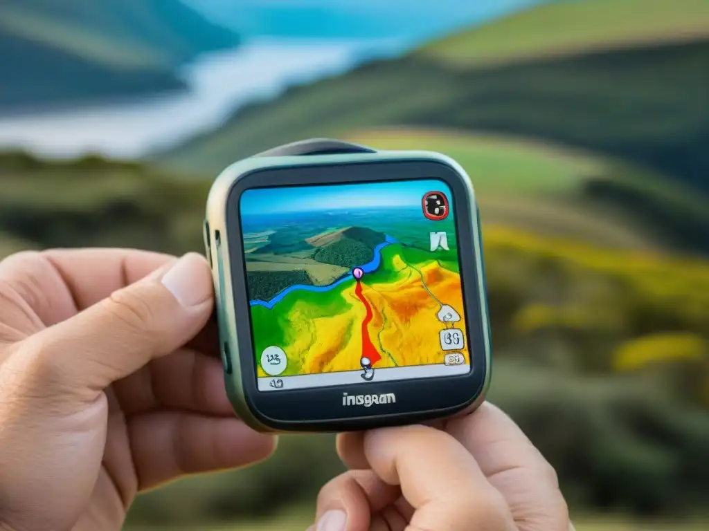 Explorando Uruguay: GPS en mano, listo para la aventura Mano experimentada sostiene GPS en topografía de Uruguay