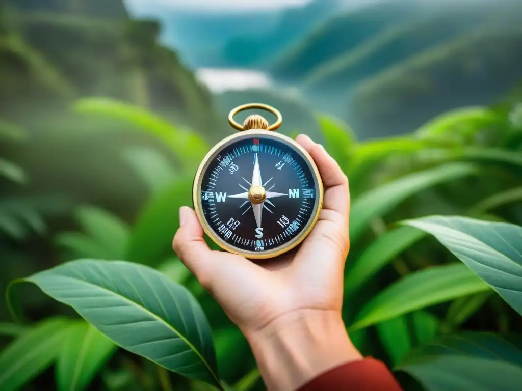 Brújula en mano: Navegación experta en la selva de Uruguay Mano experta sostiene brújula en la exuberante selva, destacando técnicas de orientación en selva