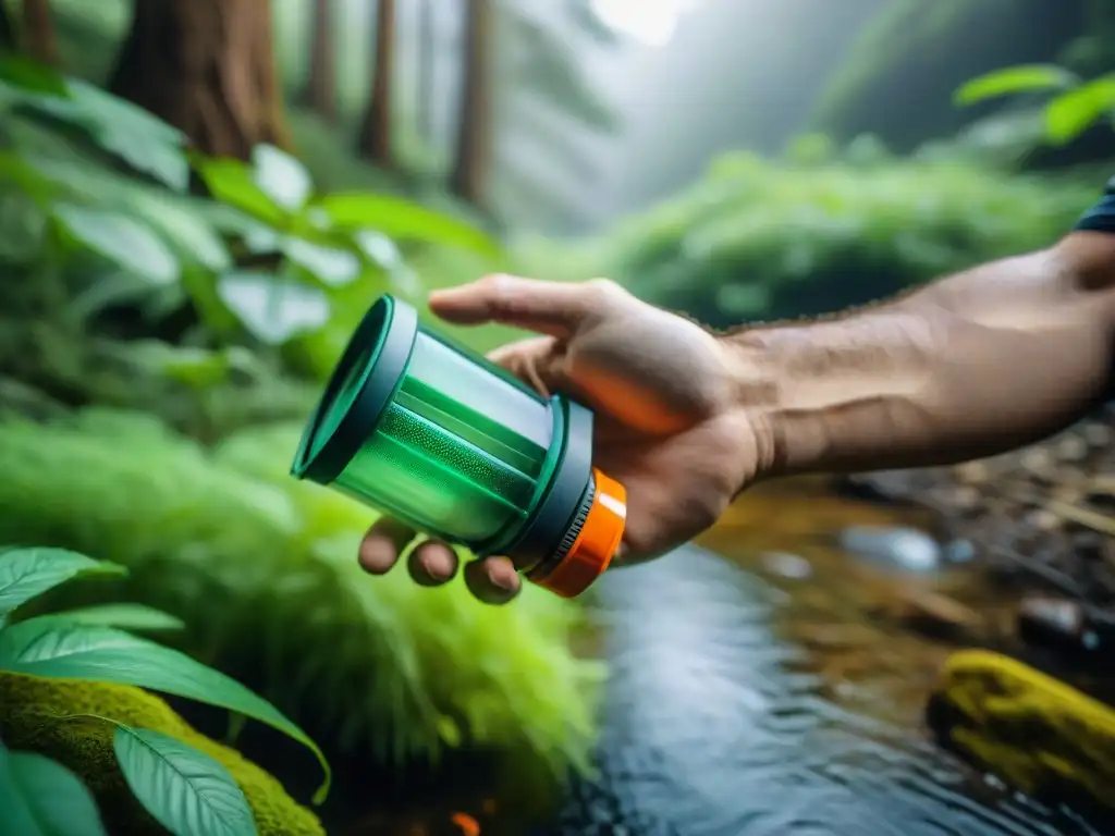 Pureza en la naturaleza: filtrando agua en el bosque Mano sosteniendo filtro de agua en arroyo, los mejores filtros de agua portátiles