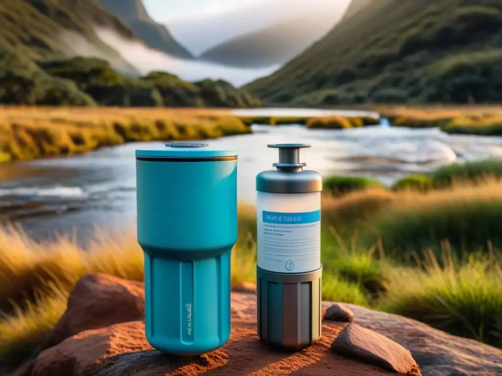 Filtra el agua de forma segura en tu próxima aventura de camping en Uruguay Mano sostiene filtro de agua en escenario natural de camping en Uruguay, purificando agua de arroyo