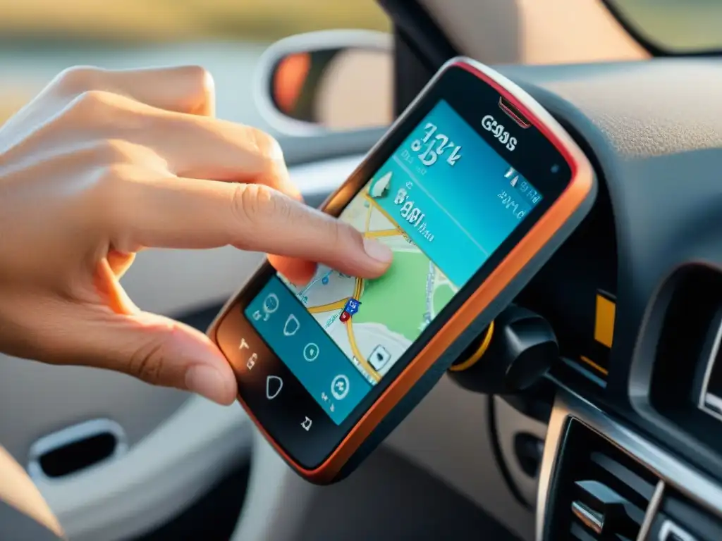 Mantenimiento meticuloso de GPS para expediciones largas Mano limpia con cuidado pantalla de GPS con paño, destacando mantenimiento meticuloso para maximizar batería