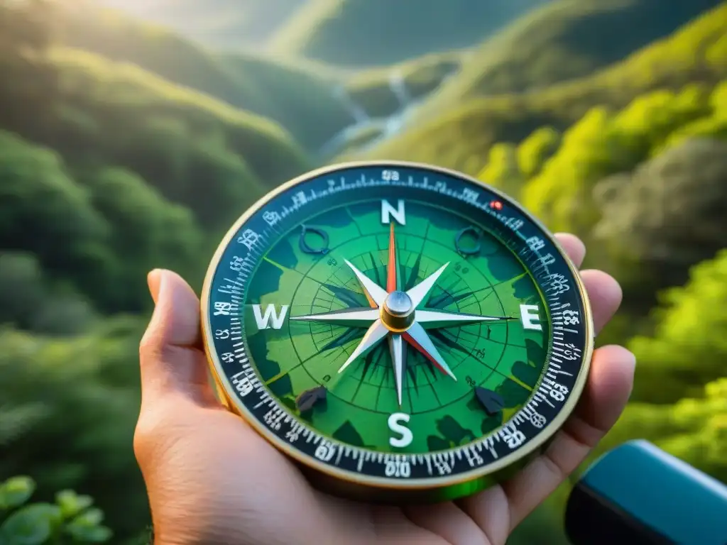Exploración en bosque: mapa topográfico y brújula Mano sostiene mapa topográfico y brújula en bosque verde, con luz solar filtrándose entre hojas