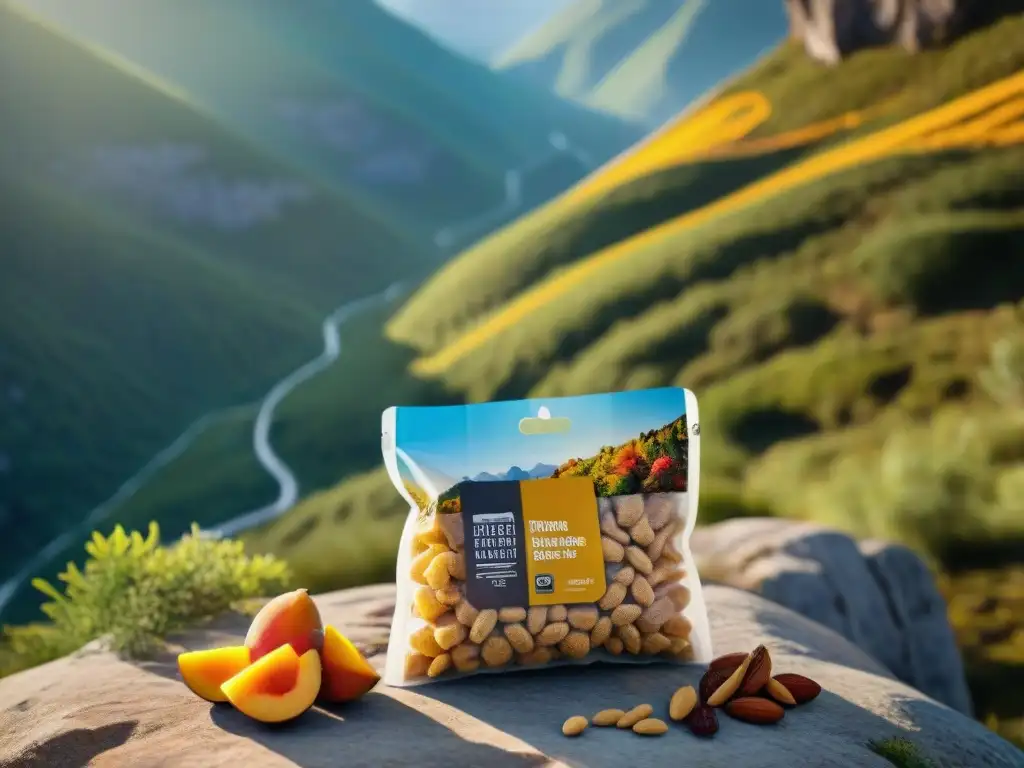 Mano de excursionista y tentador snack de frutas secas en la montaña Mano de senderista alcanzando bolsa de snacks deshidratados para caminatas largas en sendero montañoso soleado