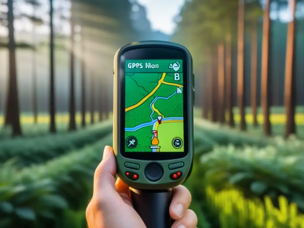 Exploración en Uruguay: Detalle de GPS en bosque exuberante Mano sostiene GPS en bosque verde de Uruguay, mapa detallado en pantalla