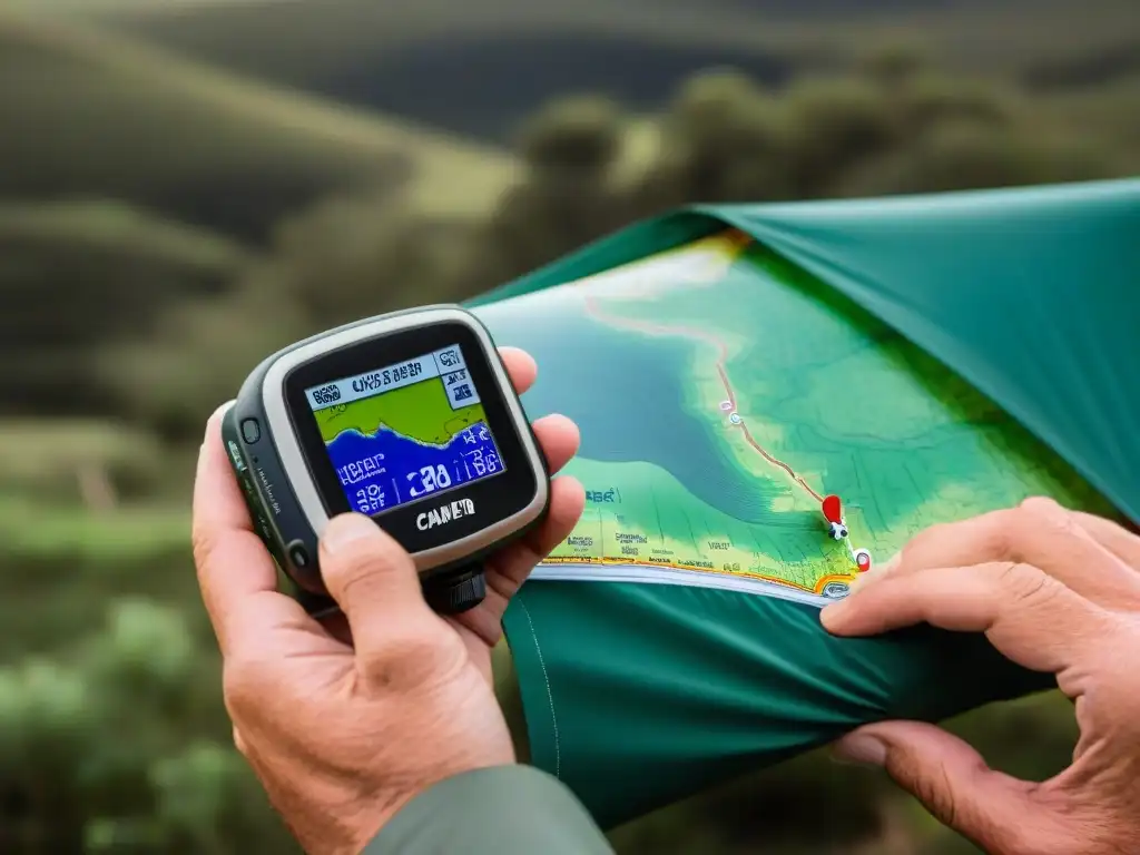 Explorador experto ajustando GPS en camping uruguayo Manos de campista experto ajustan funciones ocultas GPS en terreno uruguayo