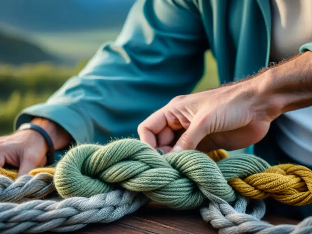 Experto nudo en cuerda: seguridad en camping en Uruguay Manos de campista experto atando nudo seguro en Uruguay, resaltando consejos camping belleza