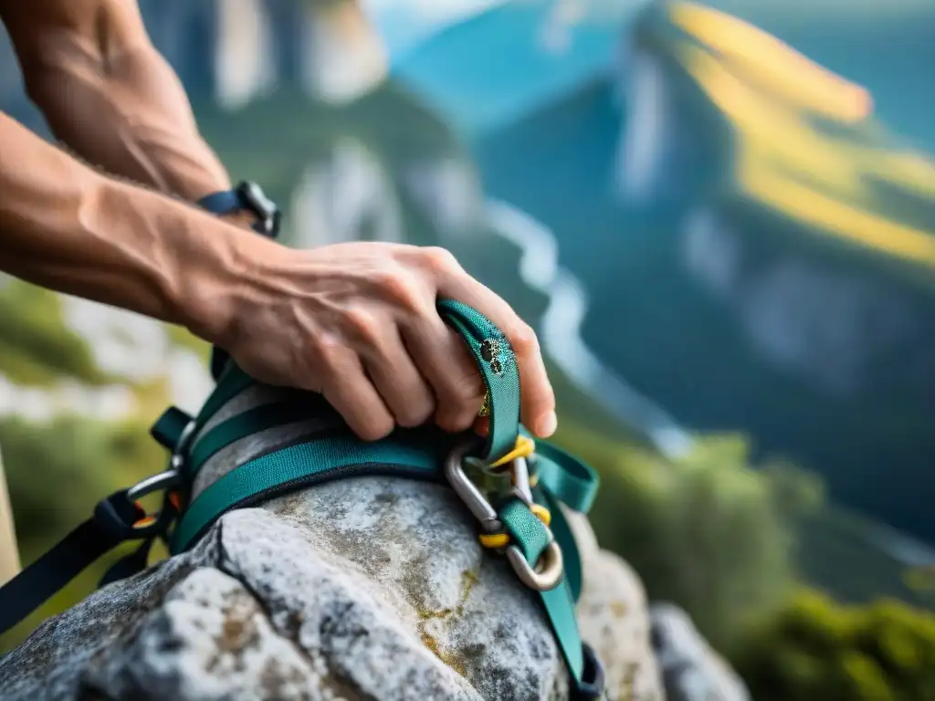 Preparación meticulosa: manos de escalador ajustando arnés Manos de escalador ajustando arnés, con roca texturizada al fondo