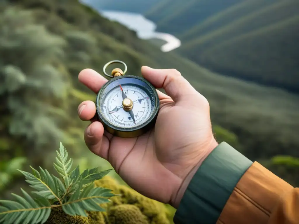 Exploración confiable en bosque uruguayo Manos de excursionista sostienen brújula en bosque uruguayo