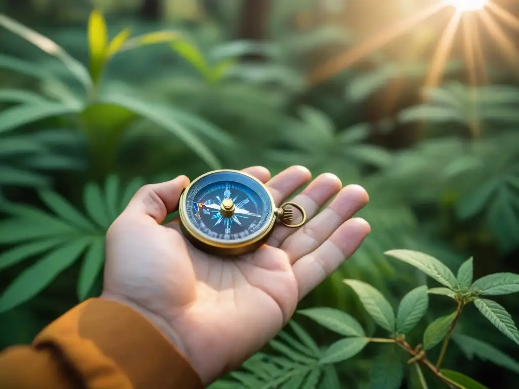 Manos de explorador ajustando brújula en bosque uruguayo Manos de un excursionista ajustando brújula en bosque de Uruguay