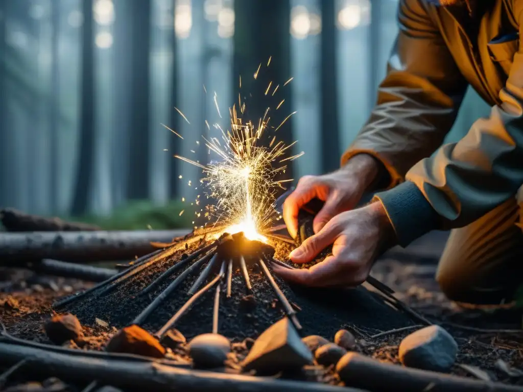 Encendiendo fuego: manos expertas crean chispas en el bosque Manos expertas encendiendo fuego con chispa de pedernal en bosque brumoso