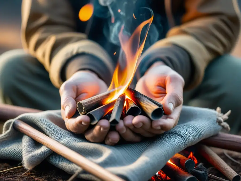 Chispa de supervivencia: encendiendo fuego con destreza Manos expertas encendiendo fuego con pedernal en Uruguay