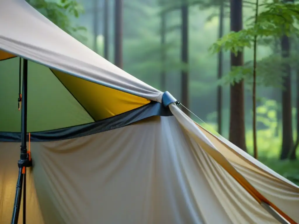 Manos expertas aplican impermeabilizante en costuras de carpa premium Manos expertas cuidan tienda campaña alta gama con precisión en bosque soleado