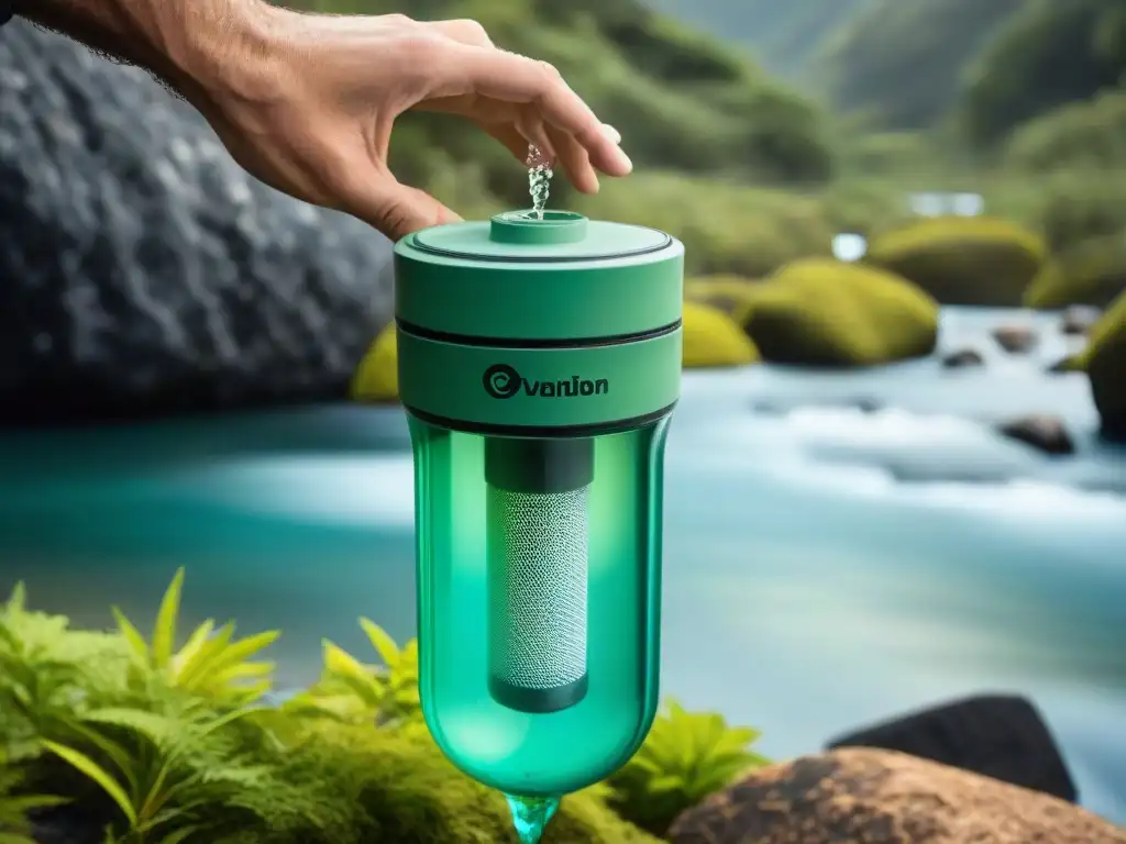Filtro de agua portátil purificando agua en camping en Uruguay Manos usando filtro de agua en camping en Uruguay, destacando la efectividad de los mejores filtros agua camping Uruguay