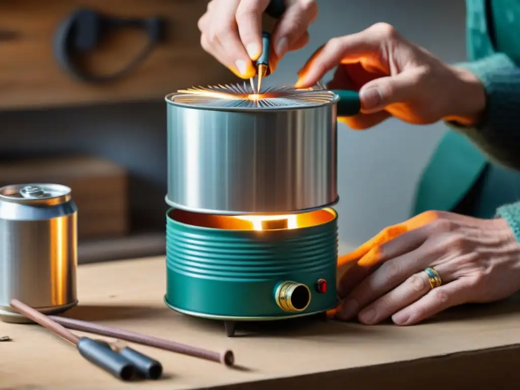 Arte en acción: manos expertas crean calefactor portátil reciclado Unas manos hábiles crean un calentador portátil casero con una lata reciclada, en un ambiente de trabajo auténtico y detallado