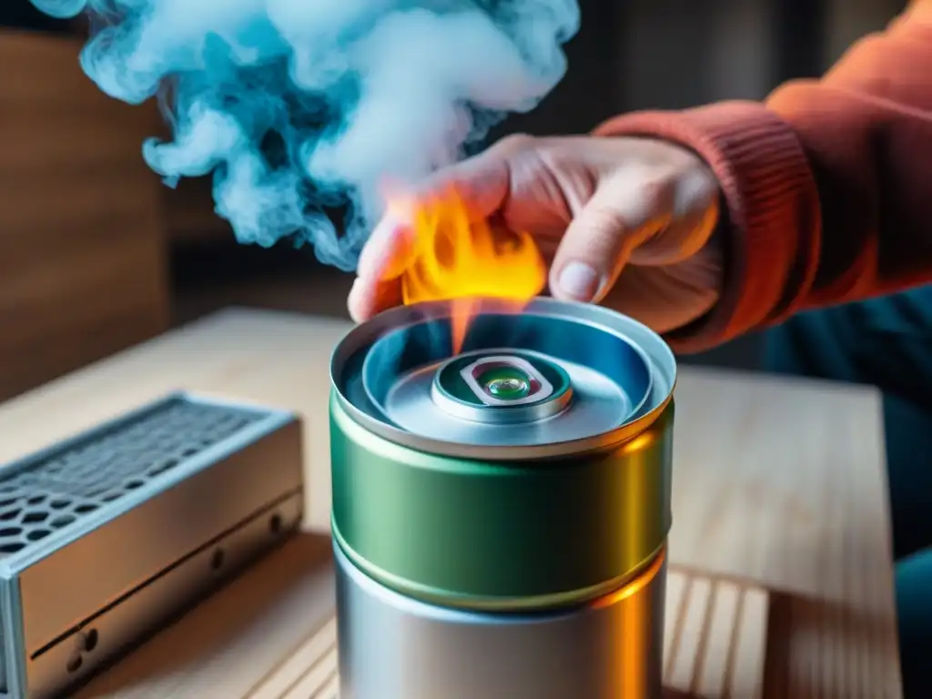 Artesanía: Creación de calentador portátil con lata de aluminio Manos hábiles crean calentador portátil casero con lata, destacando destreza y creatividad en el proceso artesanal