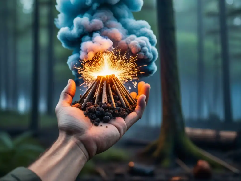 Maestría en supervivencia: chispas en la oscuridad del bosque Manos hábiles encendiendo fuego en un bosque oscuro