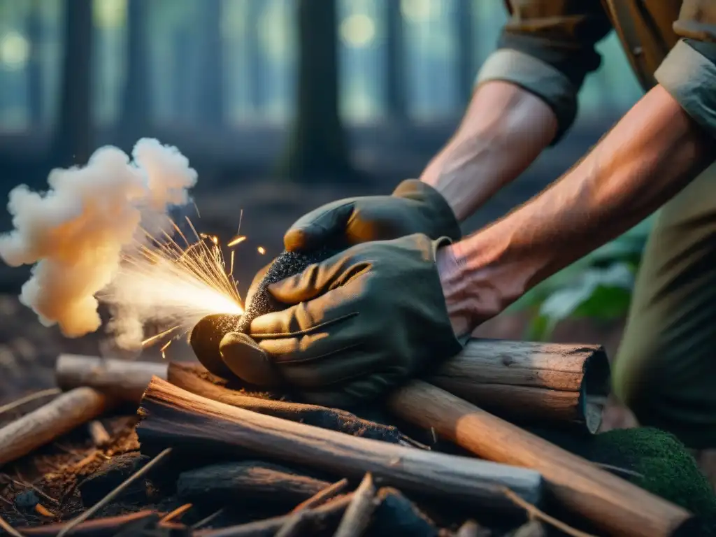 Chispa de supervivencia: manos hábiles encendiendo fuego al anochecer Manos hábiles encendiendo fuego con pedernal en el bosque al anochecer