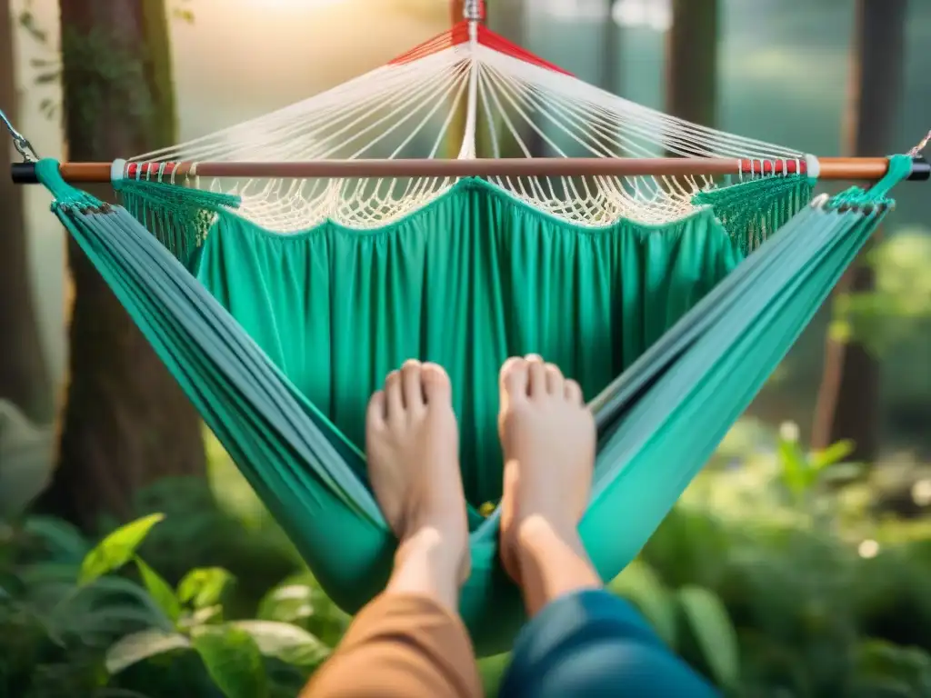 Hábil tejido de hamaca ecológica en la selva Artesanía: manos tejiendo hamaca reciclada en el bosque, reflejando sostenibilidad
