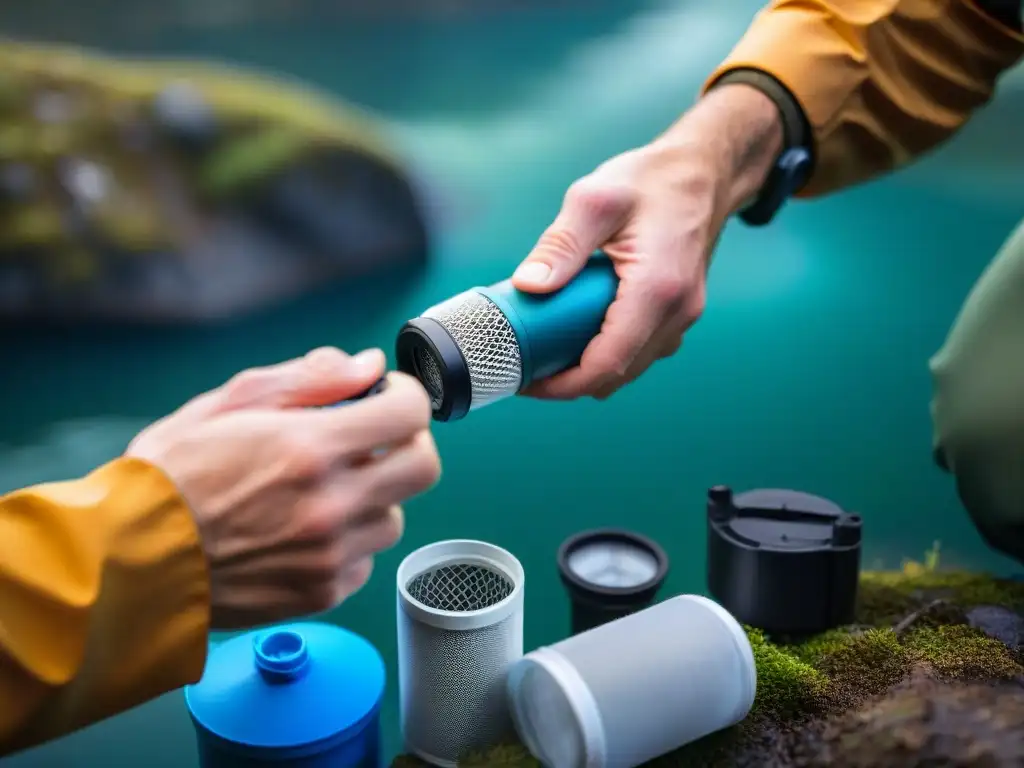 Manos de viajero cuidadosamente limpiando filtro de agua portátil Manos de viajero desmontando un filtro de agua portátil