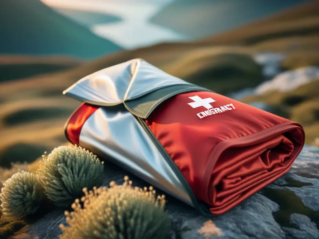 Manta térmica de emergencia en kit de primeros auxilios Una manta térmica de emergencia roja y plateada doblada dentro de un kit de primeros auxilios, listo para camping en Uruguay