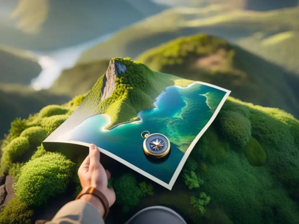 Mapa detallado de Uruguay en piedra cubierta de musgo con brújula Un mapa detallado de Uruguay sobre una roca cubierta de musgo, con brújula clásica