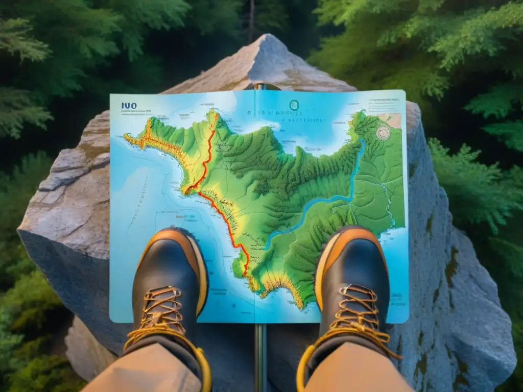 Mapa topográfico detallado en la naturaleza Un mapa topográfico detallado en una roca en la naturaleza, con herramientas de orientación para camping