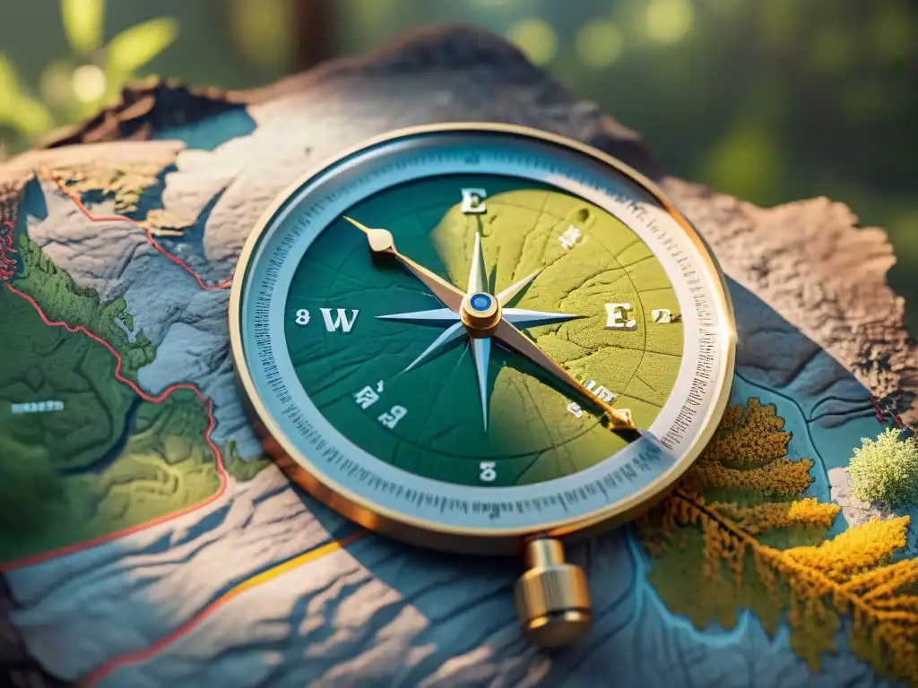 Mapa topográfico detallado en la naturaleza: brújula, lupa y transportador Mapa topográfico detallado en roca con brújula, lupa y transportador