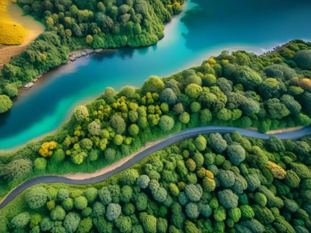Mapa topográfico detallado de terreno de camping en Uruguay Mapa topográfico detallado de un terreno de camping en Uruguay, con senderos sinuosos, bosques densos y un río sereno bajo la cálida luz del atardecer