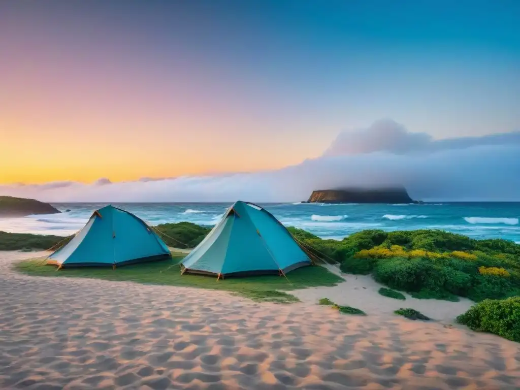 Espléndido amanecer en la playa de Uruguay: camping en la naturaleza Maravilloso amanecer en la playa de Uruguay con coloridas tiendas de campaña