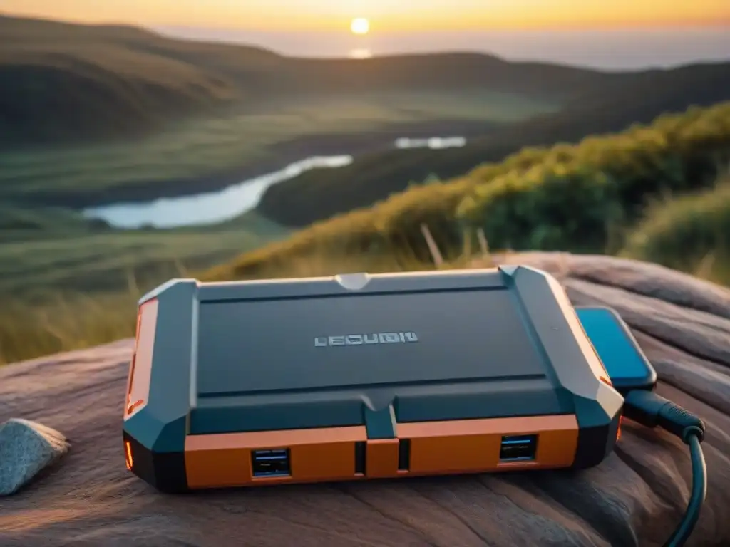 Batería portátil resistente cargando dispositivos en campamento en Uruguay Mejores baterías portátiles camping: Cargando dispositivos en campamento en la naturaleza de Uruguay al atardecer