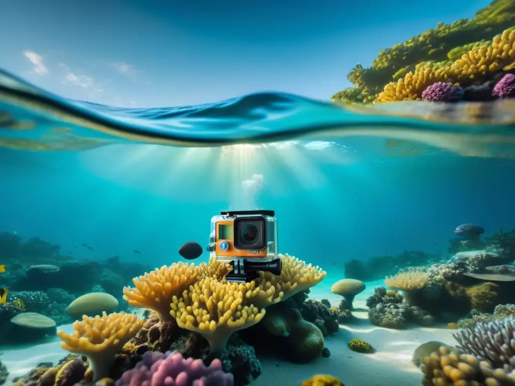 Accesorios esenciales para cámara submarina: detalles ultradetallados Mejores cámaras acuáticas para camping: Accesorios esenciales para fotografía submarina en un escenario vibrante y detallado