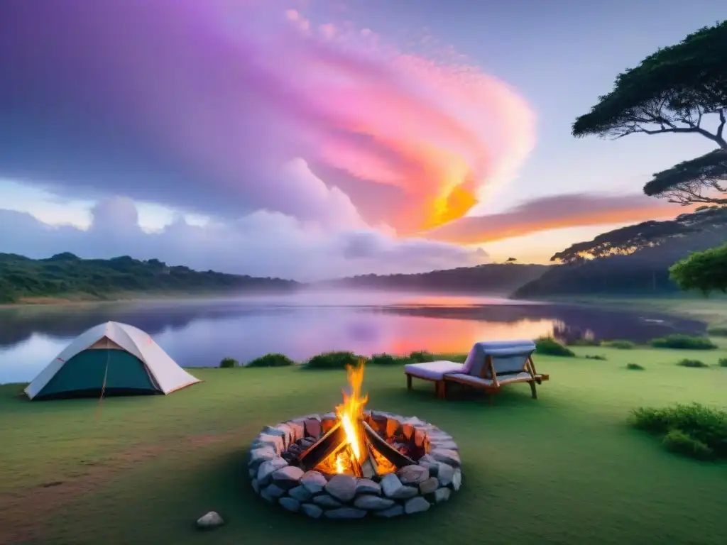Campamento al atardecer en Uruguay: Naturaleza en su esplendor Disfruta de los mejores consejos para acampar en Uruguay con esta impresionante imagen de un campamento al atardecer