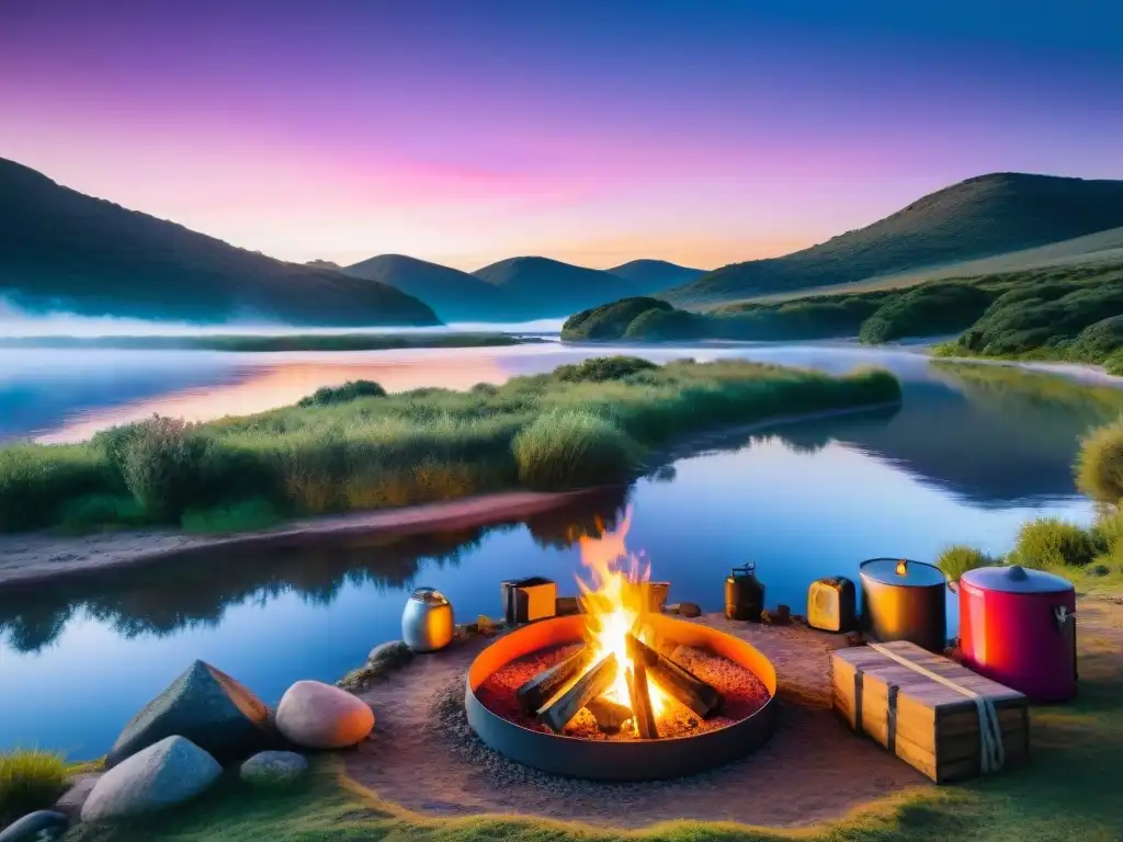 Campamento en Uruguay al atardecer: conexión con la naturaleza Disfruta de las mejores épocas para acampar en Uruguay con un atardecer colorido y acogedor campamento junto al río