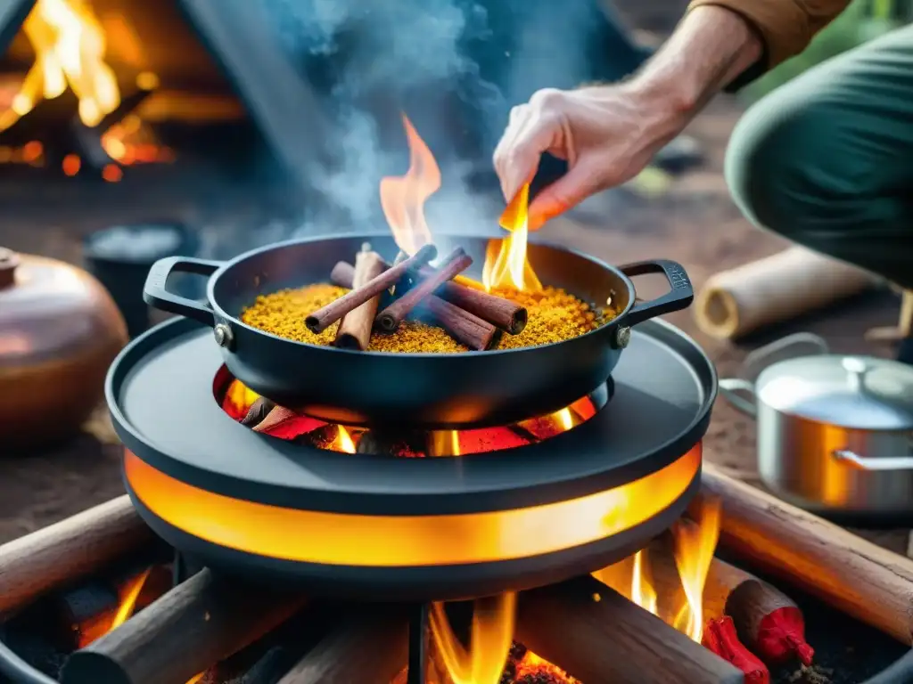 Deliciosas especias danzan sobre fogata en la naturaleza Mejores especias para cocina camping: Mano espolvoreando especias sobre sartén al fuego, creando una danza de colores y aromas en la naturaleza
