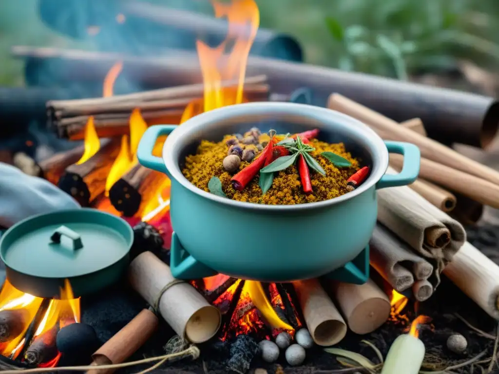 Cocina con especias en la naturaleza: ¡sabor al aire libre! Mejores especias para cocina camping: olla rústica con variadas especias frente a fogata y equipo de campamento