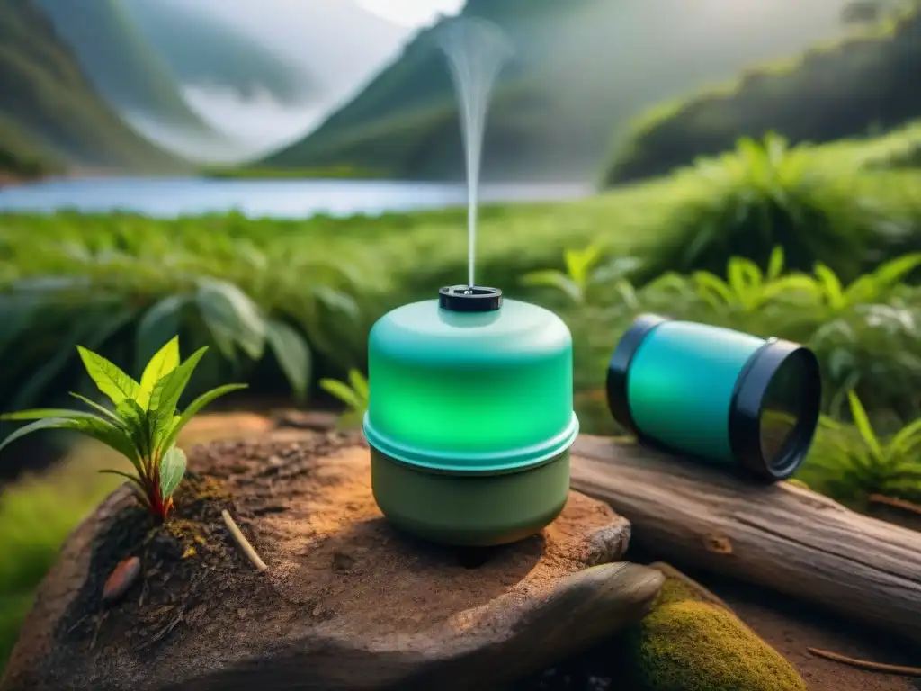 Filtro de agua portátil purificando en un bosque de Uruguay Mejores filtros agua camping Uruguay: Camper usando filtro de agua en bosque verde, purificando arroyo bajo la luz del sol