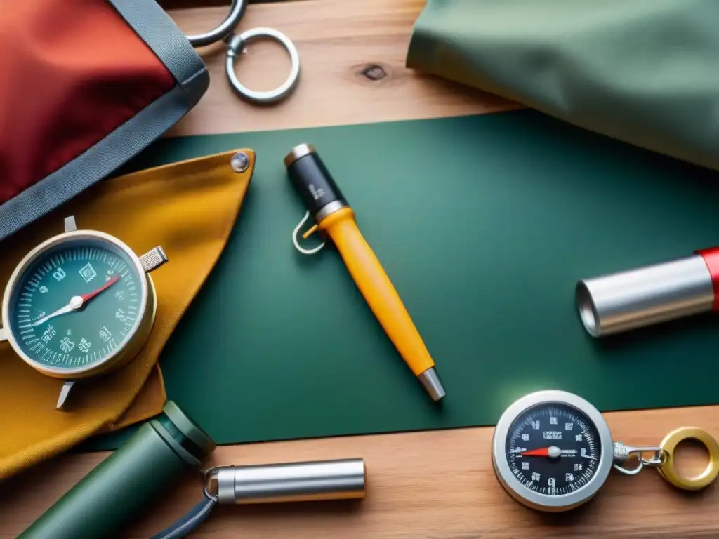 Herramienta camping multifunción: esencial para aventuras al aire libre Mejores herramientas multifuncionales camping rodeadas de elementos esenciales para aventuras al aire libre en una superficie de madera rústica