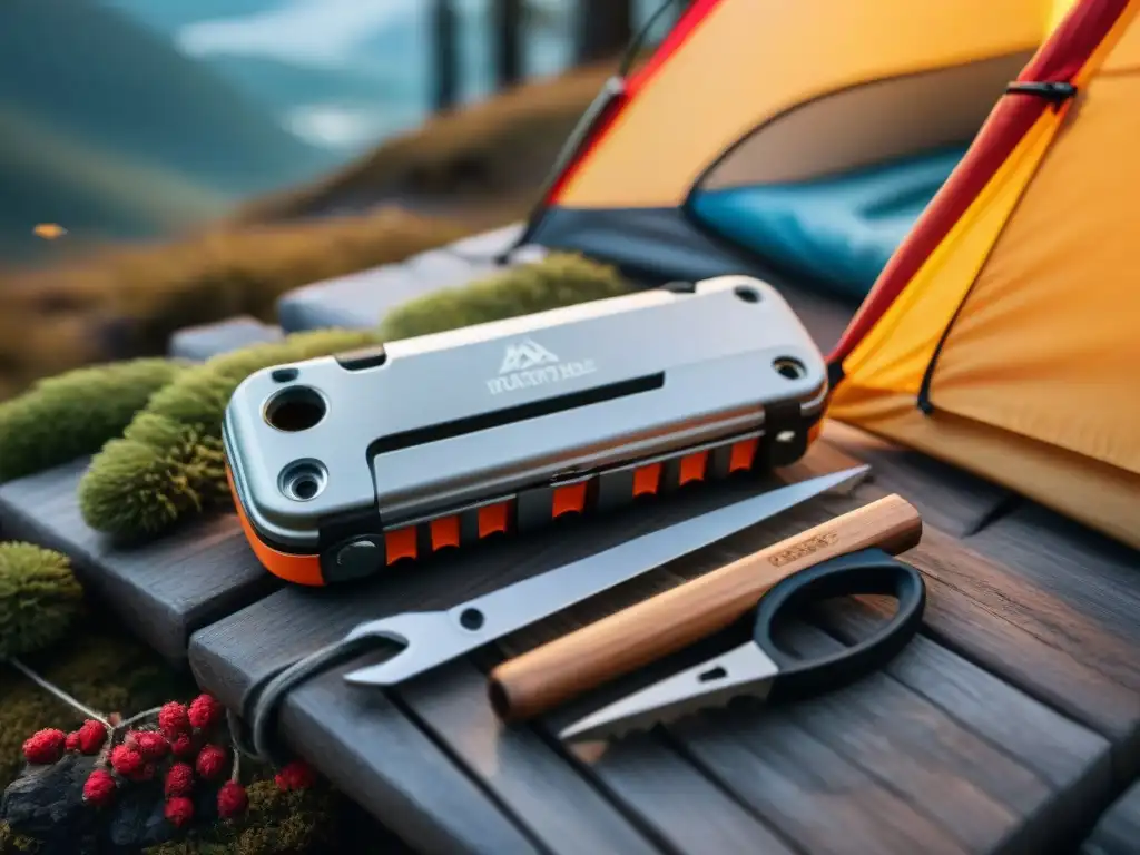 Multiherramienta de camping: detalle y versatilidad en la naturaleza Mejores herramientas multifuncionales camping: Detalle de una herramienta de alta calidad con múltiples funciones en escenario natural de camping