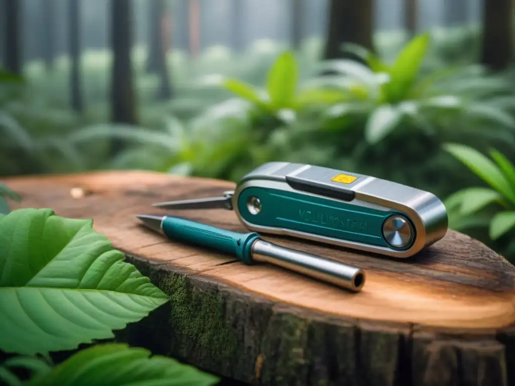 Multiherramienta de camping en bosque uruguayo Las mejores herramientas multifuncionales camping brillan en la mesa de madera en un bosque de Uruguay