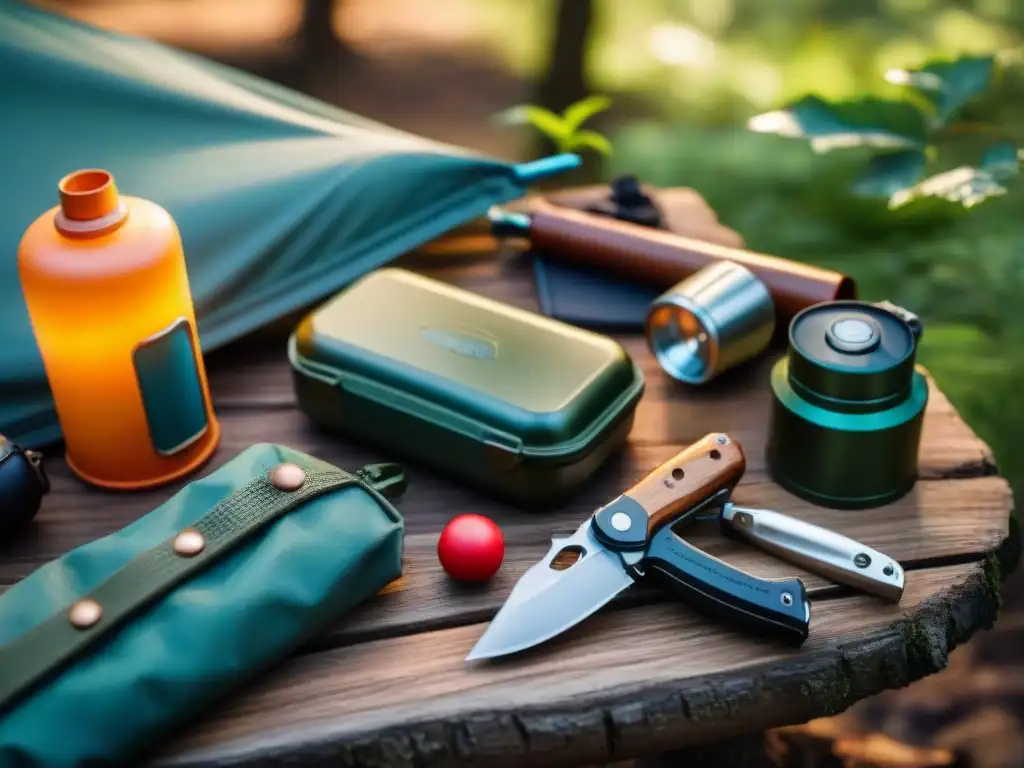 Kit de camping multifuncional en la naturaleza Mejores herramientas multifuncionales camping: variedad de utensilios sobre mesa rústica en entorno natural boscoso