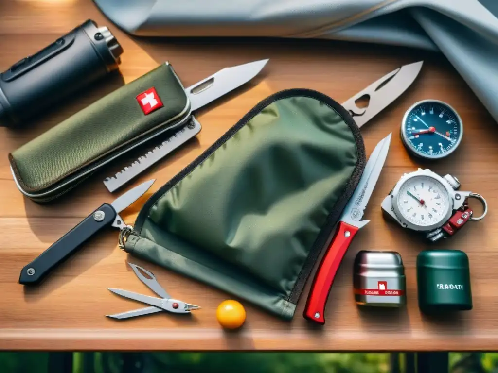 Kit de camping de alta calidad en mesa rústica Las mejores herramientas multiusos para camping en Uruguay, cuidadosamente organizadas en una mesa rústica de madera, iluminadas suavemente