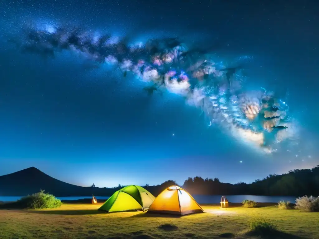 Campamento bajo la Vía Láctea: noche estrellada en Uruguay Mejores paquetes camping observación estrellas Uruguay: Noche estrellada en Uruguay con la Vía Láctea sobre un campamento y fogata