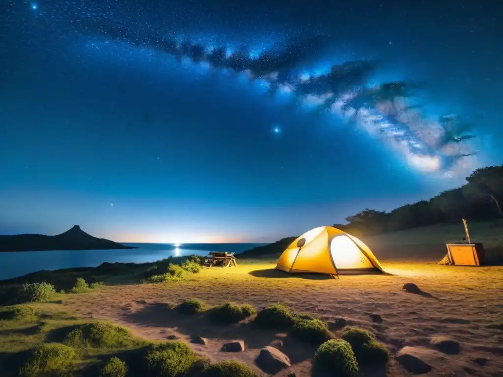Campamento estrellado en Uruguay: noche de tranquilidad y aventura Mejores paquetes camping observación estrellas Uruguay: Noche estrellada en campamento sereno, con tienda iluminada y fogata