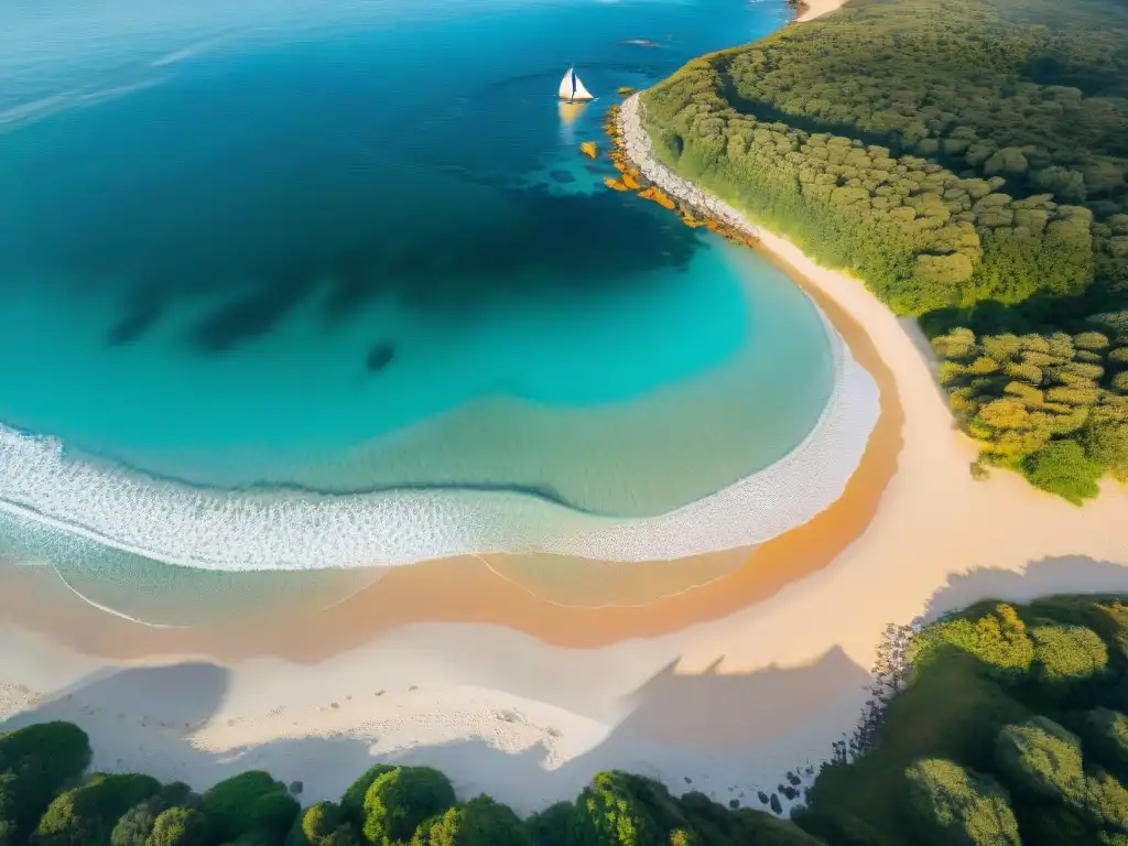 Amanecer en playa de Uruguay: serenidad y aventura Mejores playas para acampar en Uruguay: Amanecer en playa solitaria con carpa entre verde exuberante y aguas turquesas